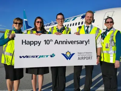 5 WestJet employees holding at "Happy 10th anniversary" sign in front of a WestJet plane