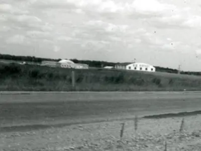 Black and White exterior of land and airport building
