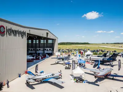 Planes in front of the Chartright Hanger at Canadian Business Aviation Association convention 