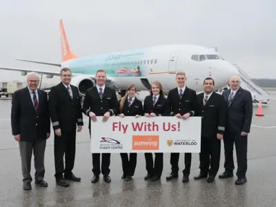 8 pilots holding a "Fly with Us" sign in front of a sunwing airplane