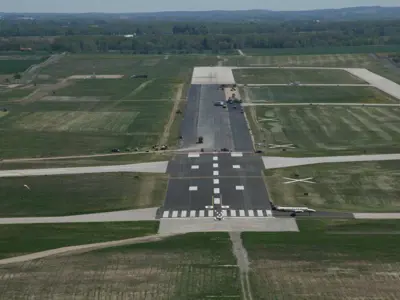 Aerial view of the Region of Waterloo International Airport runway